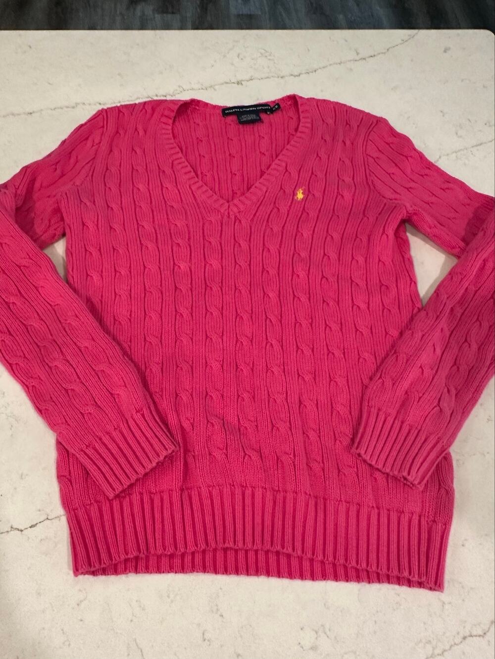 Ralph Lauren Sport Womens M Pink Cable Knit V Neck Cotton Sweater Preppy Pony